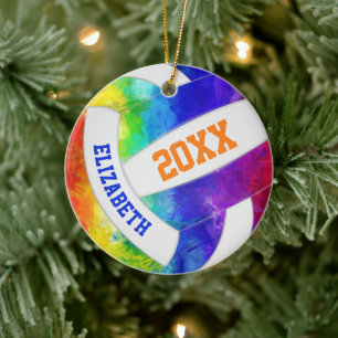 girls colorful rainbow keepsake volleyball ceramic ornament
