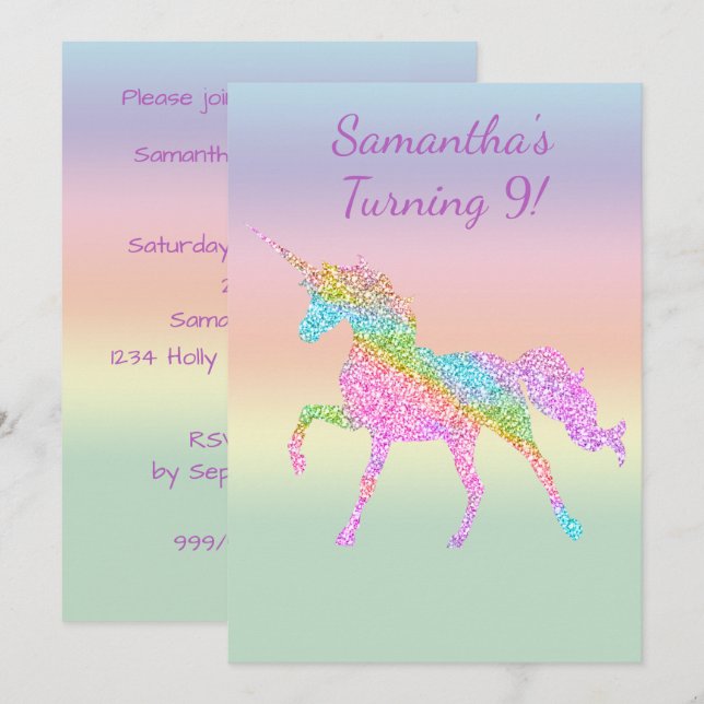 Girl's Colourful Sparkling Unicorn Party Invitatio Invitation (Front/Back)