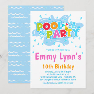 Girls Colourful Summer Pool Party Birthday Invitation