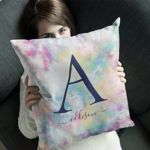 Girl's Colourful Tie-Dye Monogram Name Throw Pillow