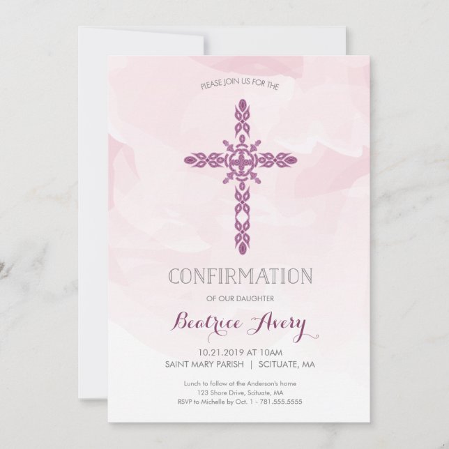 Girl's Confirmation Invitation, Cross & Watercolor Invitation (Front)