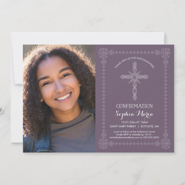 Girl's Confirmation Invitation w/ Photo - Cross (Front)