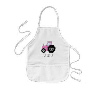 Girl's Cool Doodle Pink Farm Tractor with Name Kids Apron
