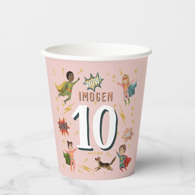 Girls Cool Pink Superhero Kids Birthday Paper Cups (Front)