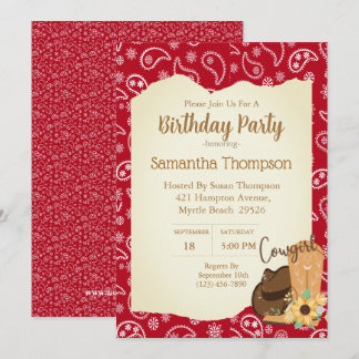 Girls Cowboy Birthday Red Bandana Sunflower    Invitation