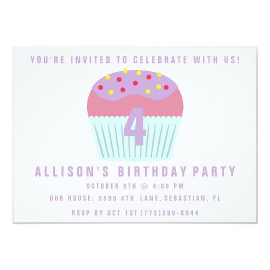 Girls Cupcake Four 4th Birthday Party Invite