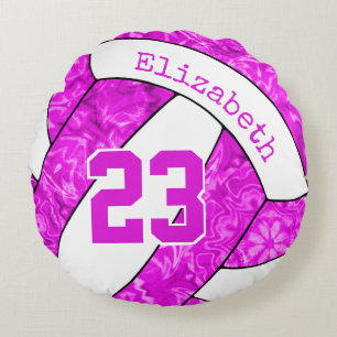 girls custom hot pink fuchsia white volleyball round pillow
