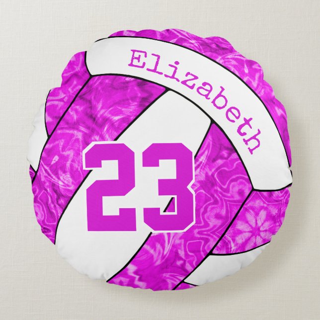girls custom hot pink fuchsia white volleyball round pillow (Front)