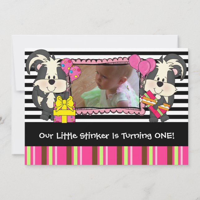 Girls Custom Little Stinker Skunk Birthday Invite (Front)
