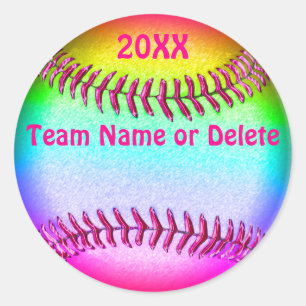 Girls Customizable Cute Colourful Softball Classic Round Sticker