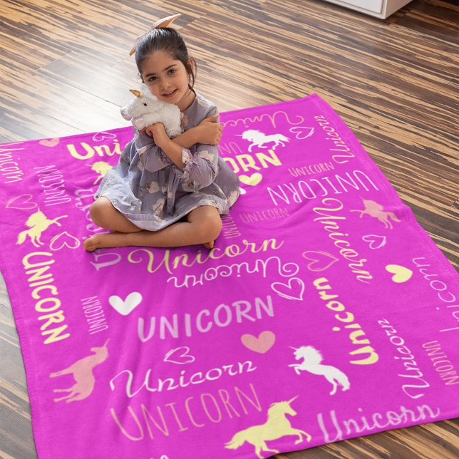 Girls Customizable Magical Unicorn Pink Yellow  Fleece Blanket (Creator Uploaded)