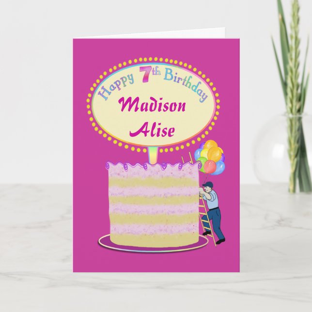 Girls Cute 7th Birthday - Personalize It Card (Front)
