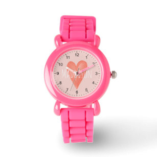 Girls Cute and Girly Watercolor Pink Heart Kids Watch
