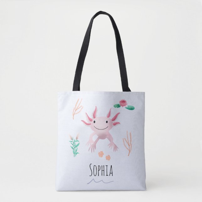 Girls Cute and Modern Pink Axolotl and Name Kids Tote Bag (Front)