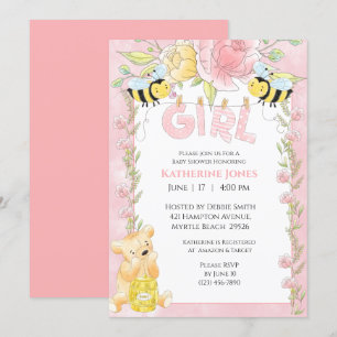 Girls Cute Bees and Honey Bear Baby Shower Invitation