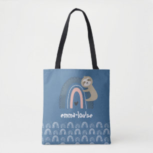Girl's Cute Blue Sloth Rainbow Name Tote Bag