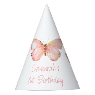 Girls Cute Blush Pink Butterfly 1st Birthday Party Hat