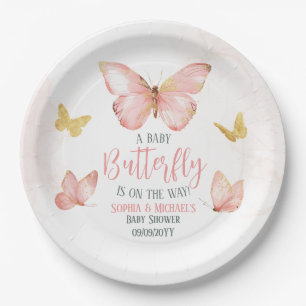 Girls Cute Blush Pink Butterfly Baby Shower Party Paper Plate