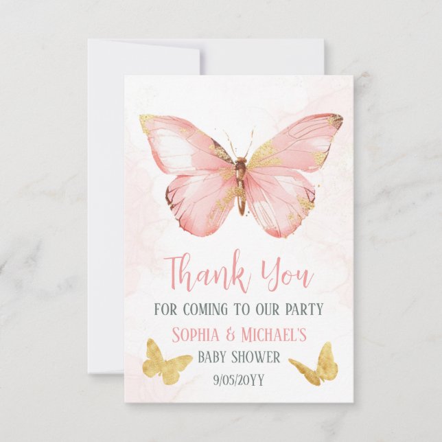 Girls Cute Blush Pink Butterfly Baby Shower Party Thank You Card (Front)