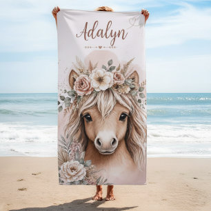 Girls Cute Boho Horse Personalized Name Beach Towel