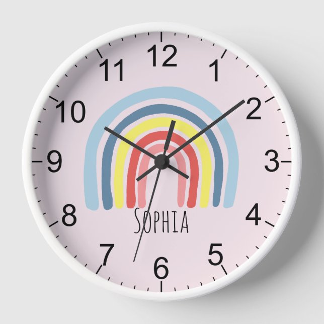 Girls Cute Boho Pink Rainbow Kids Nursery Clock (Front)