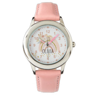 Girls Cute Boho Rainbow Flowers Pink Custom Name Watch