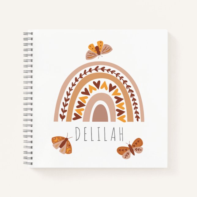 Girls Cute Boho Rainbow Kids Custom Name Notebook (Front)