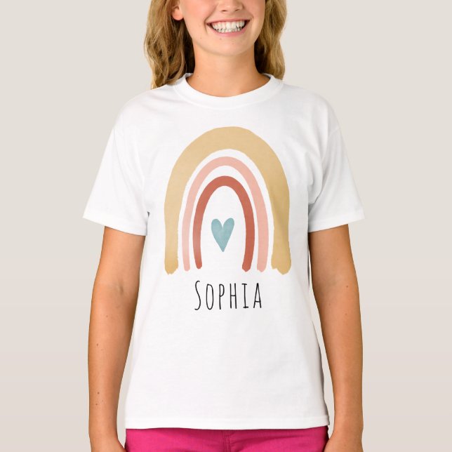 Girls Cute Boho Watercolor Rainbow and Heart T-Shirt (Front)