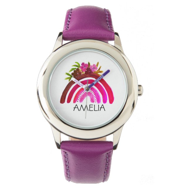 Girls Cute Boho Watercolor Rainbow and Name Watch (Front)