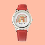 Girls Cute Boho Watercolor Rainbow and Name Watch<br><div class="desc">Introducing our enchanting Kids Boho Rainbow Watercolor Personalized Watch, a delightful timepiece designed with your little one in mind. This watch captures the whimsy and magic of childhood with its vibrant boho rainbow watercolor design. The watch’s dial features a captivating watercolor rainbow, adorned with playful stars and clouds, creating a...</div>