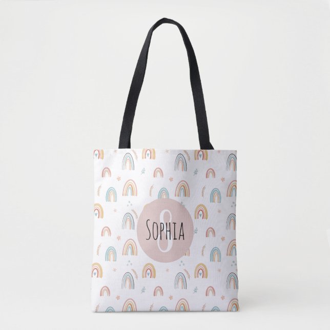 Girls Cute Boho Watercolor Rainbow Pattern Kids Tote Bag (Front)
