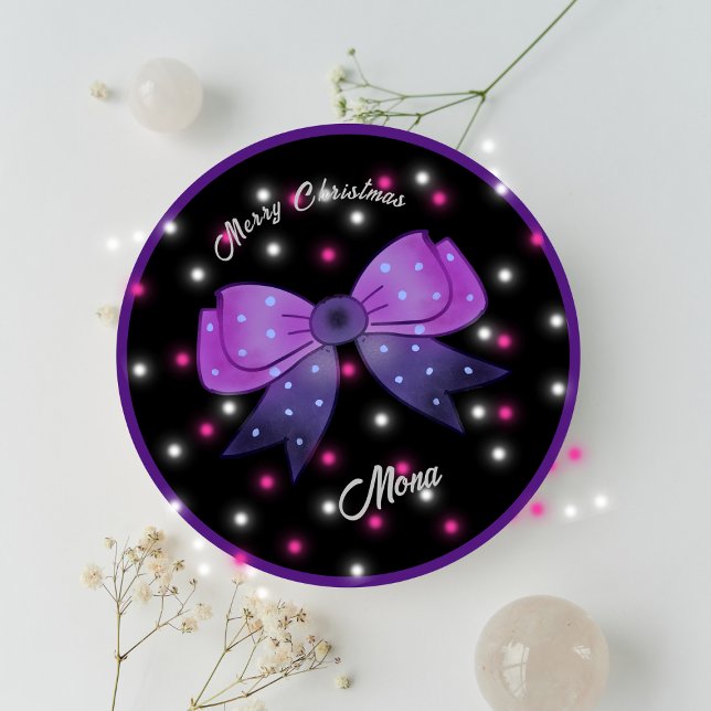 Girls Cute Bow Merry Christmas custom name Classic Round Sticker (Creator Uploaded)