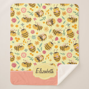 Girls Cute Bumble Bee Spring Floral Pattern Kids Sherpa Blanket