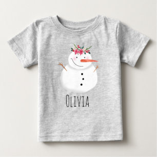 Girls Cute Christmas Flower Snowman and Name Baby T-Shirt
