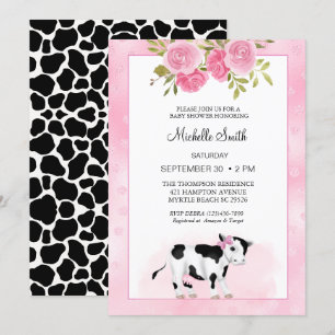 Girls Cute Cow Print and Floral  Baby Shower   Invitation