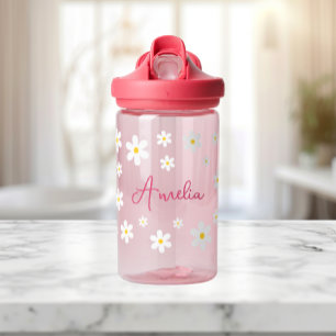 Girls Cute Daisy Pink Personalised Water Bottle