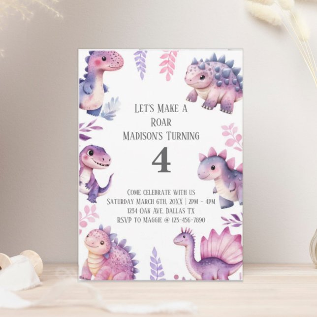 Girls Cute Dinosaur Themed Birthday Party Invitation (Creator Uploaded)