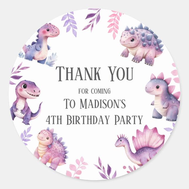 Girls Cute Dinosaur Themed Birthday Party Sticker (Front)