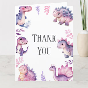 Girls Cute Dinosaur Themed Birthday Party Thank You Card