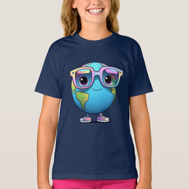 Girls' Cute Earth Cartoon Tee with Glasses (Front)