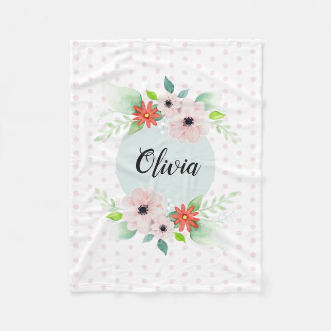 Girls Cute Elegant Watercolor Flowers & Name Kids Fleece Blanket (Front)