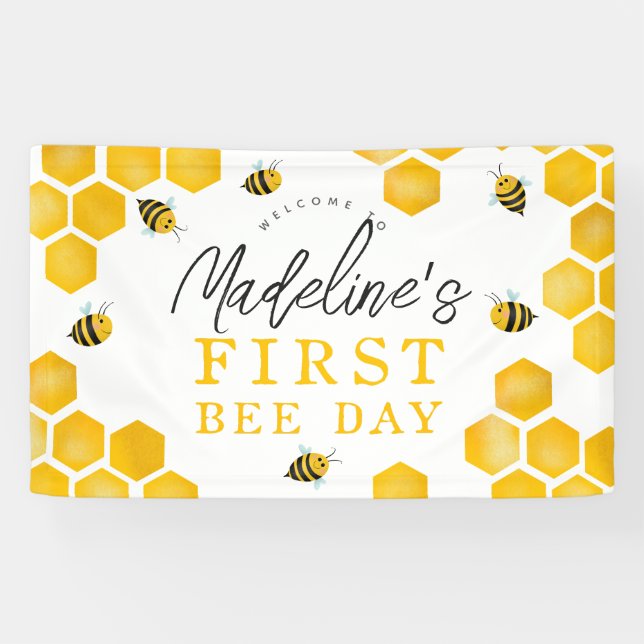 Girls Cute First Bee Day 1st Birthday Welcome Banner (Horizontal)