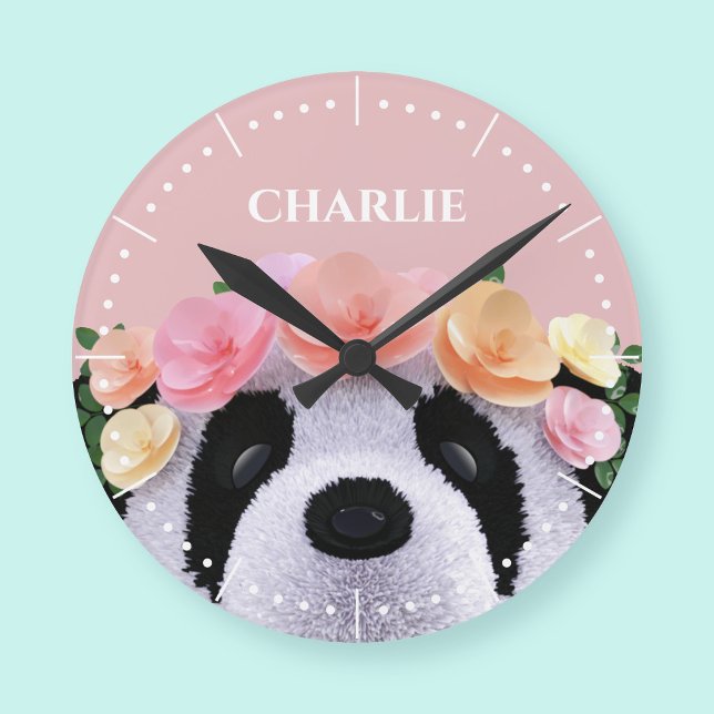 Girls Cute Floral Panda Bear Personalized Clock (A cute panda bear clock with space for your name)