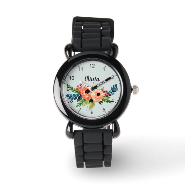 Girls Cute Floral Watercolor Flowers and Name Watch (Front)