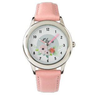 Girls Cute Floral Watercolor Flowers and Name Watch