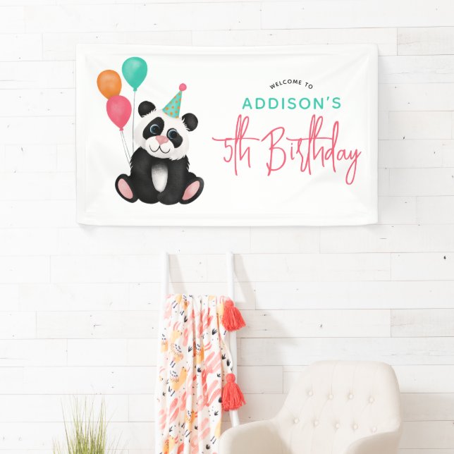 Girls Cute Fun Panda Bear 5th Birthday Party Banner (Insitu)