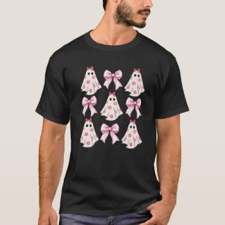 Girls Cute Ghost Florals Coquette Pink Bow Hallowe T-Shirt