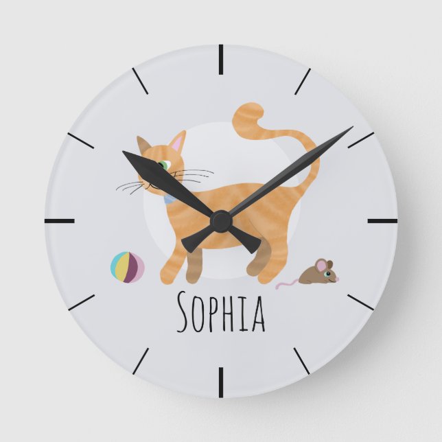 Girls Cute Ginger Tabby Cat Cartoon Kids Nursery Round Clock (Front)