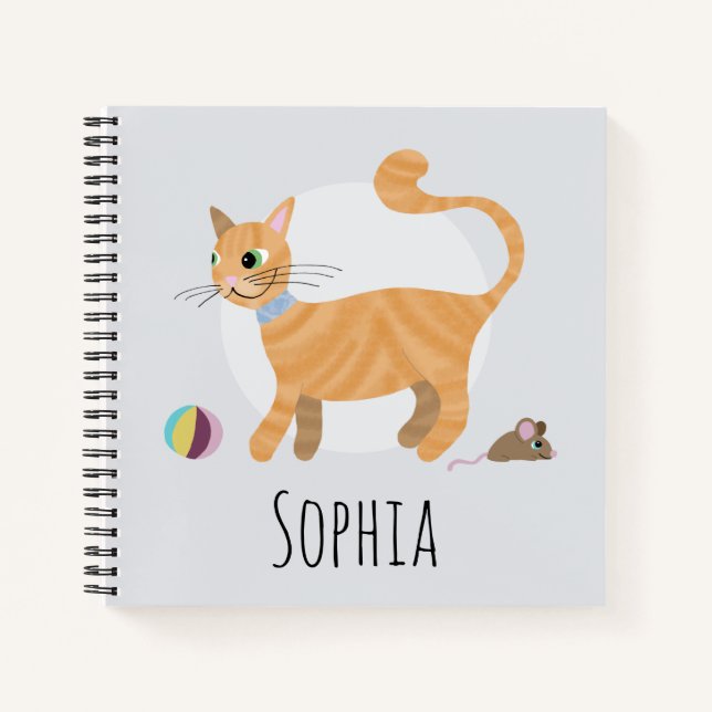 Girls Cute Ginger Tabby Cat Cartoon Name Kids Notebook (Front)
