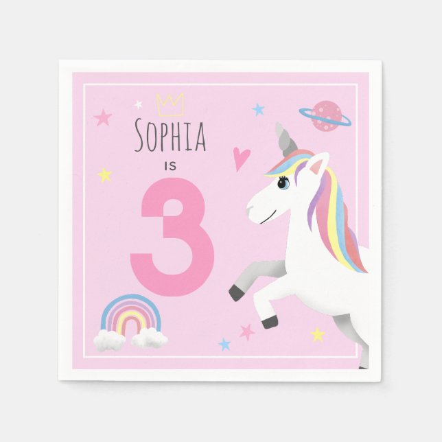 Girls Cute Girly Pink Unicorn Kids 3rd Birthday Napkin (Front)